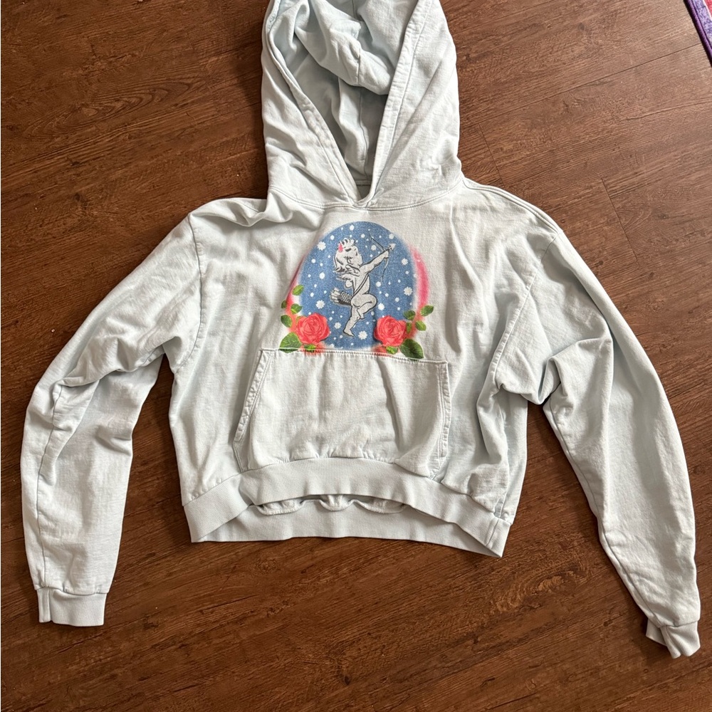 White Hoodie with Cat and Floral Design